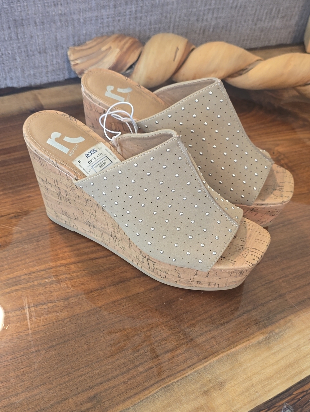 NWT Report Beige Suede Cork Wedge Mules with Stud Detailing
